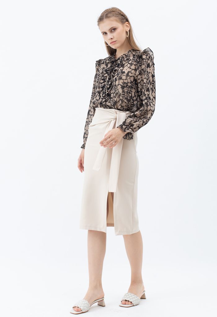 Tie Waist Front Split Pencil Skirt in Cream
