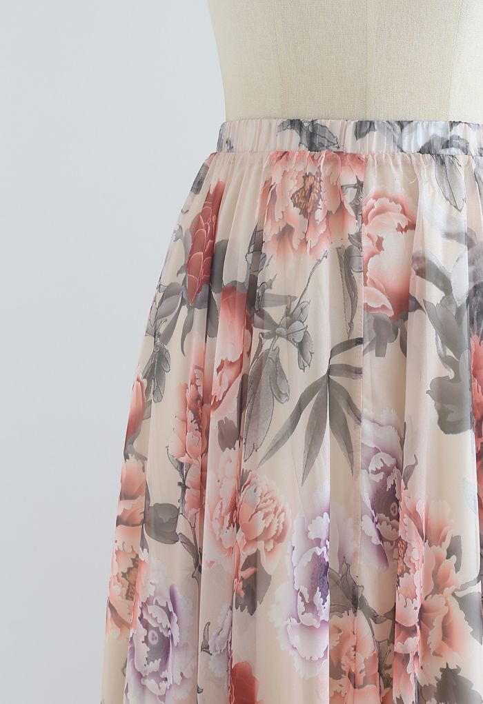 Splendid Peony Chiffon Maxi Skirt