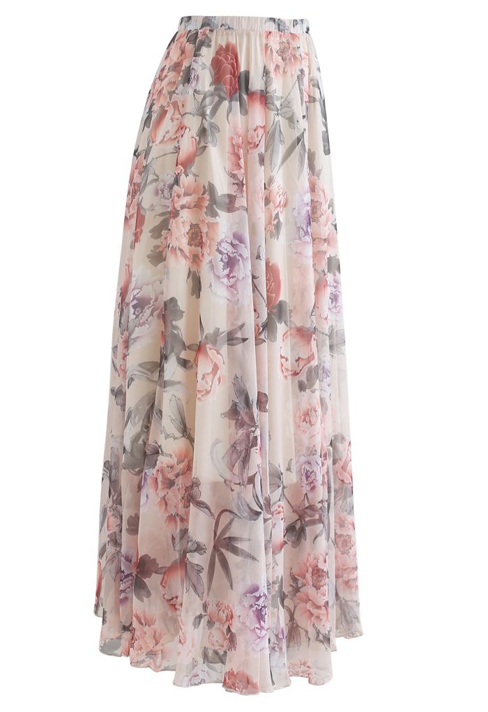 Splendid Peony Chiffon Maxi Skirt