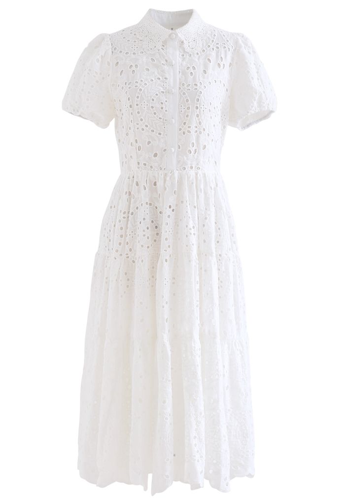 Crochet Collar Embroidered Eyelet Cotton Dress