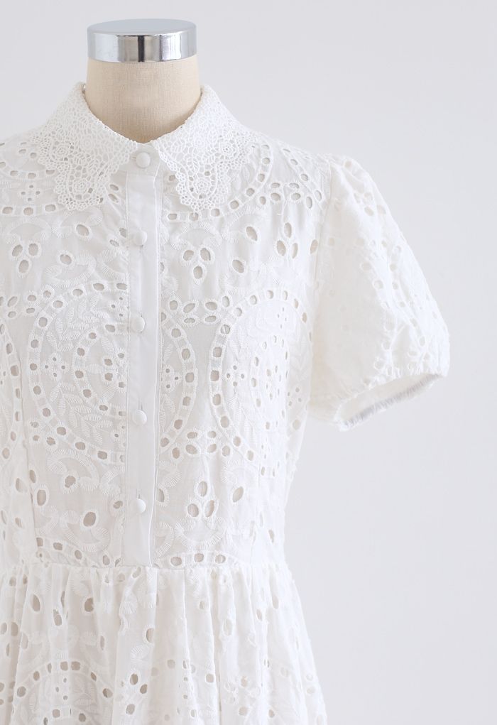 Crochet Collar Embroidered Eyelet Cotton Dress