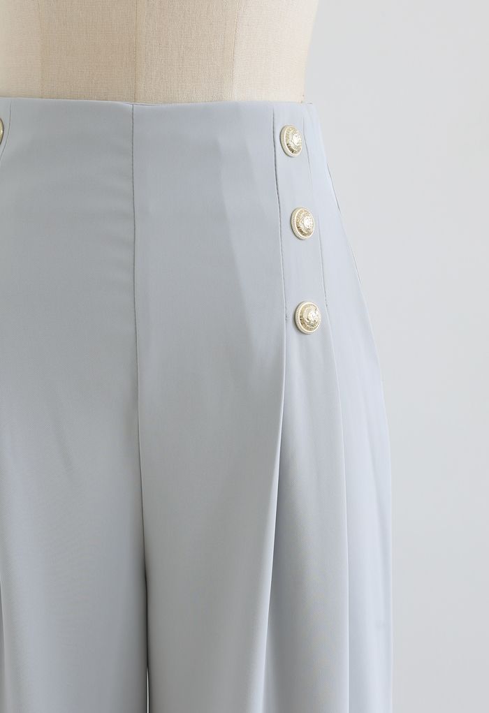 Golden Button Decorated Pleated Pants in Light Blue
