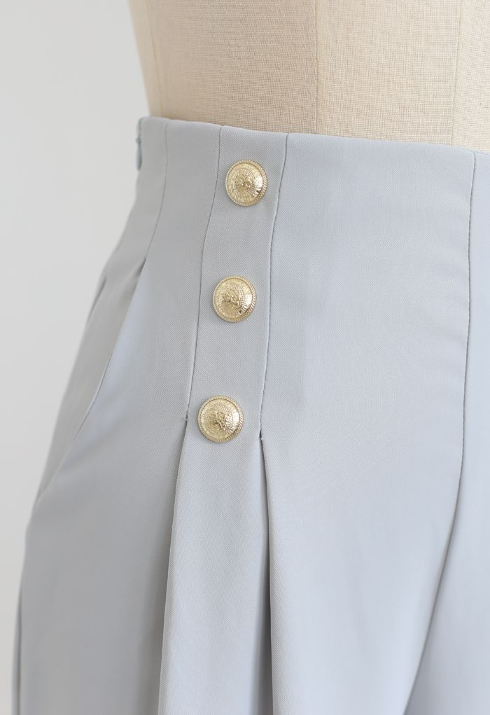 Golden Button Decorated Pleated Pants in Light Blue