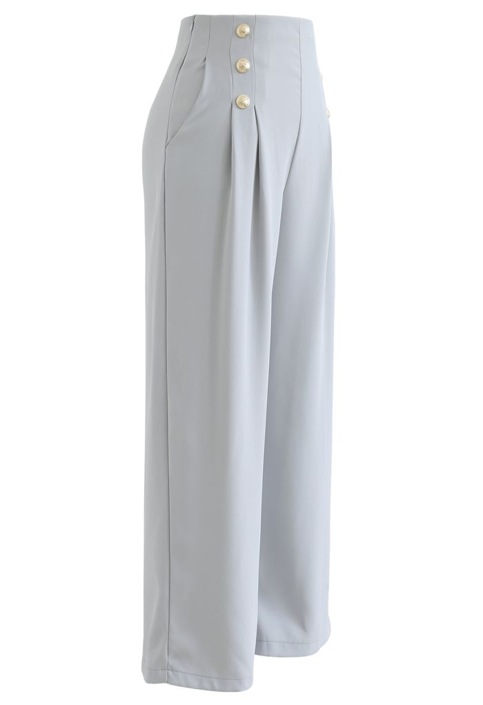 Golden Button Decorated Pleated Pants in Light Blue