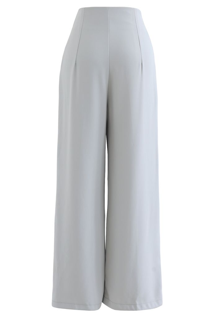 Golden Button Decorated Pleated Pants in Light Blue
