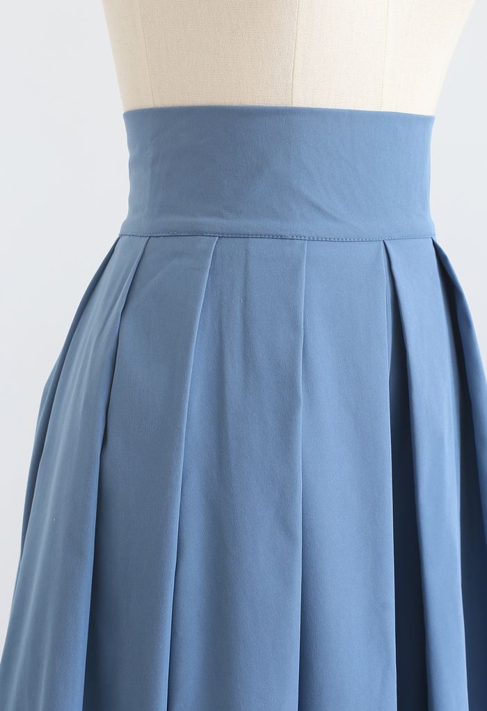 Full Pleated Cotton Midi Skirt in Blue