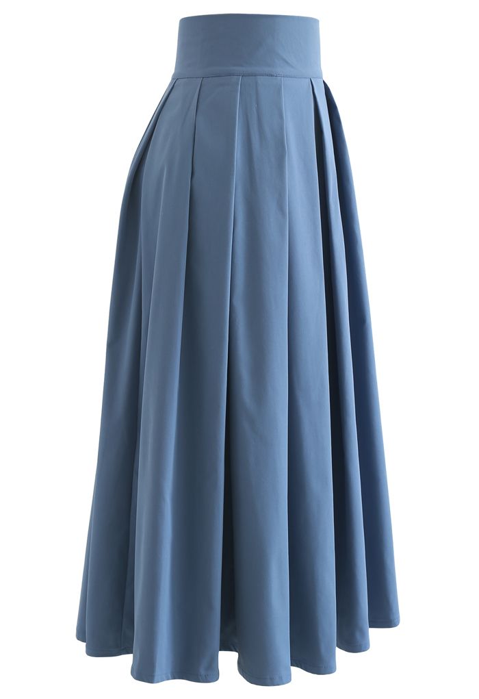 Full Pleated Cotton Midi Skirt in Blue