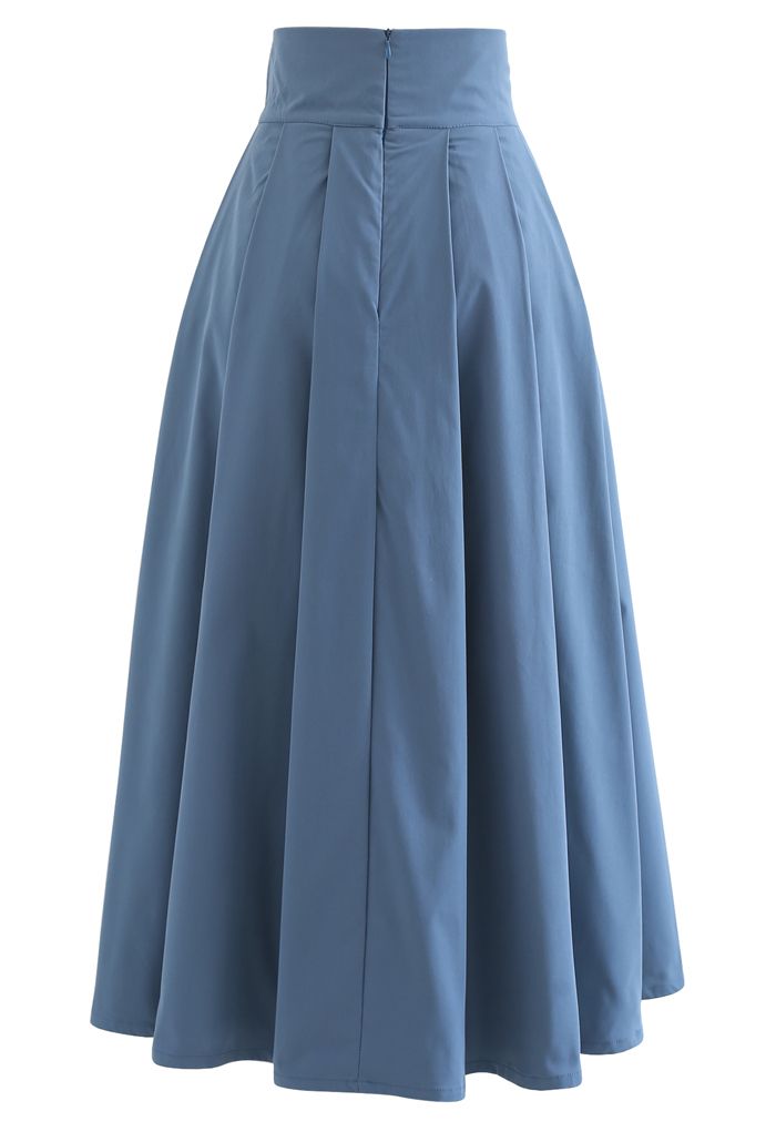 Full Pleated Cotton Midi Skirt in Blue