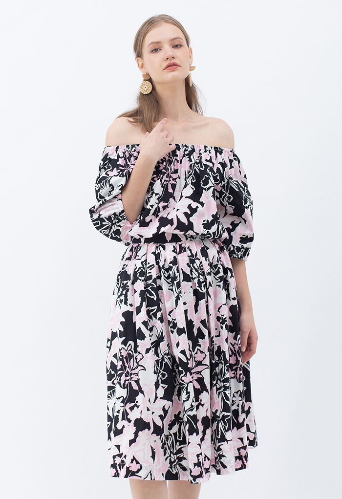 Summer Floral Print Pleated Midi Skirt in Black