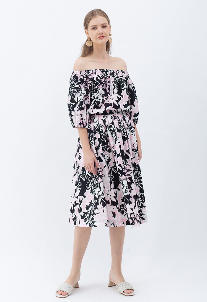 Summer Floral Print Pleated Midi Skirt in Black