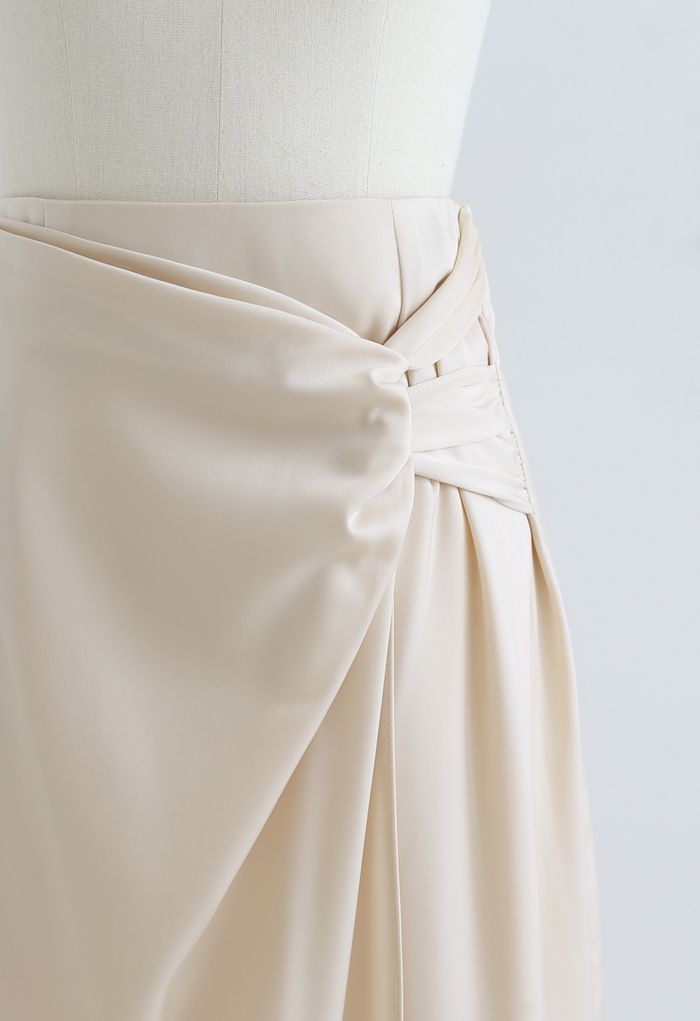 Twist Flap Asymmetric Satin Midi Skirt in Cream