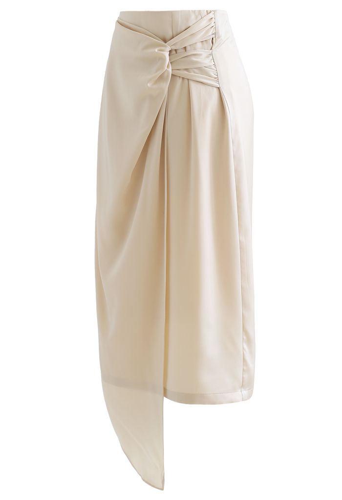 Twist Flap Asymmetric Satin Midi Skirt in Cream