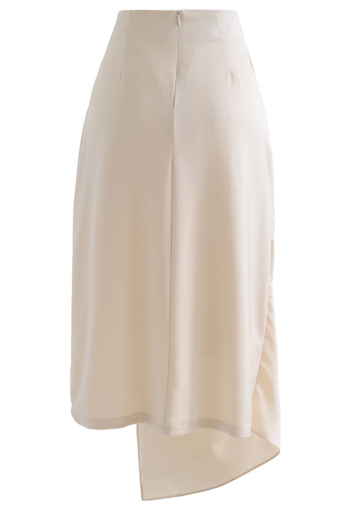Twist Flap Asymmetric Satin Midi Skirt in Cream