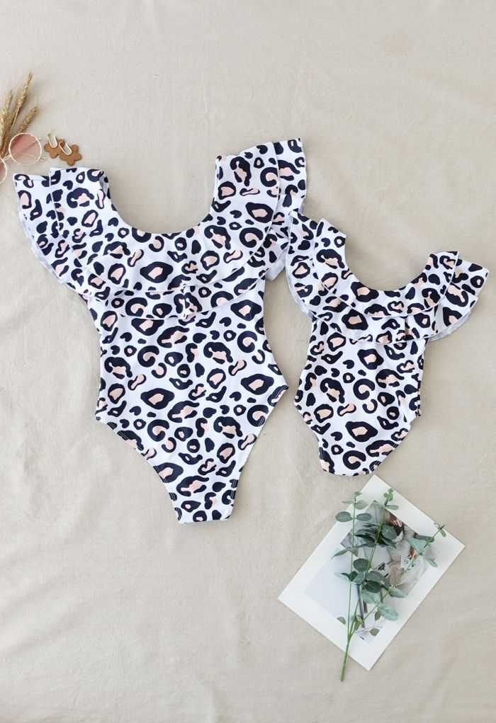 Leopard Print Tiered Ruffle Swimsuit for Mommy & Kids