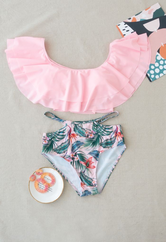 Tiered Shoulder Tropical Print Bikini Set for Mommy & Kids
