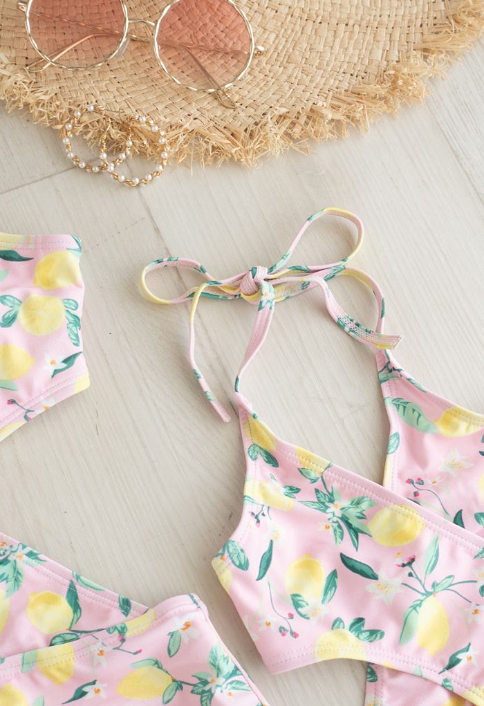 Lemon Print Halter Neck Swimsuit for Mommy & Kids