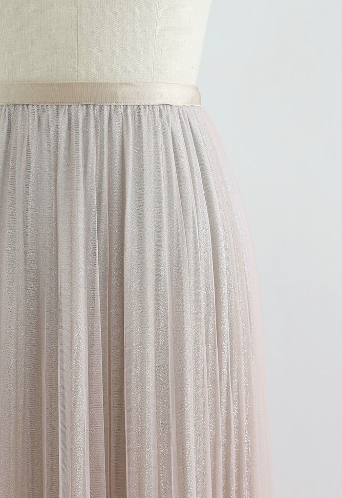 Gradient Shimmer Lining Pleated Mesh Skirt in Cream