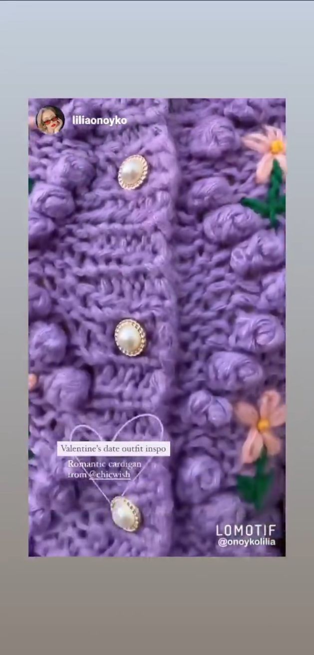 Stitch Floral Diamond Pom-Pom Hand Knit Cardigan in Purple 