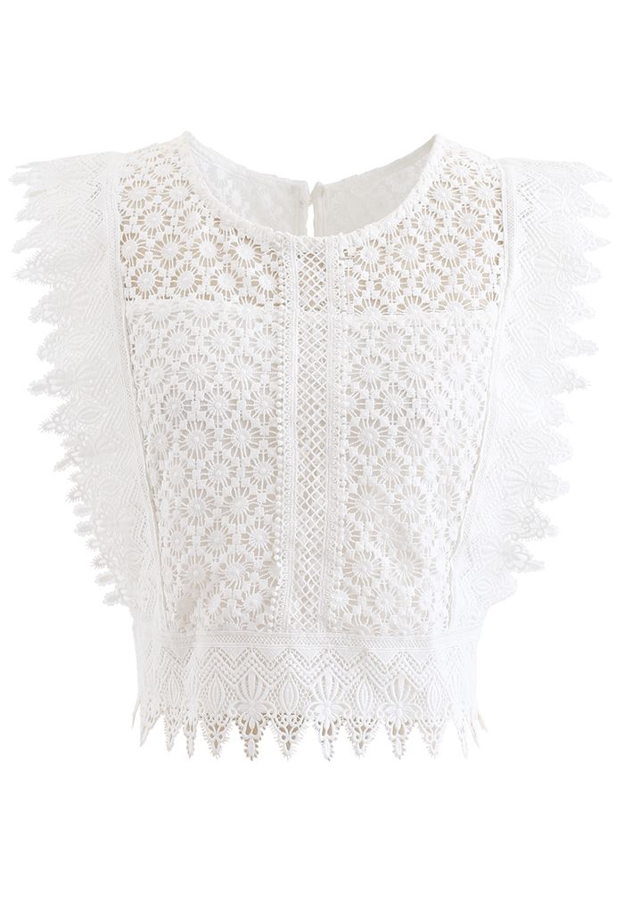 Crochet Lacey Sleeveless Crop Top in White