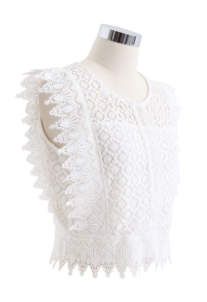 Crochet Lacey Sleeveless Crop Top in White