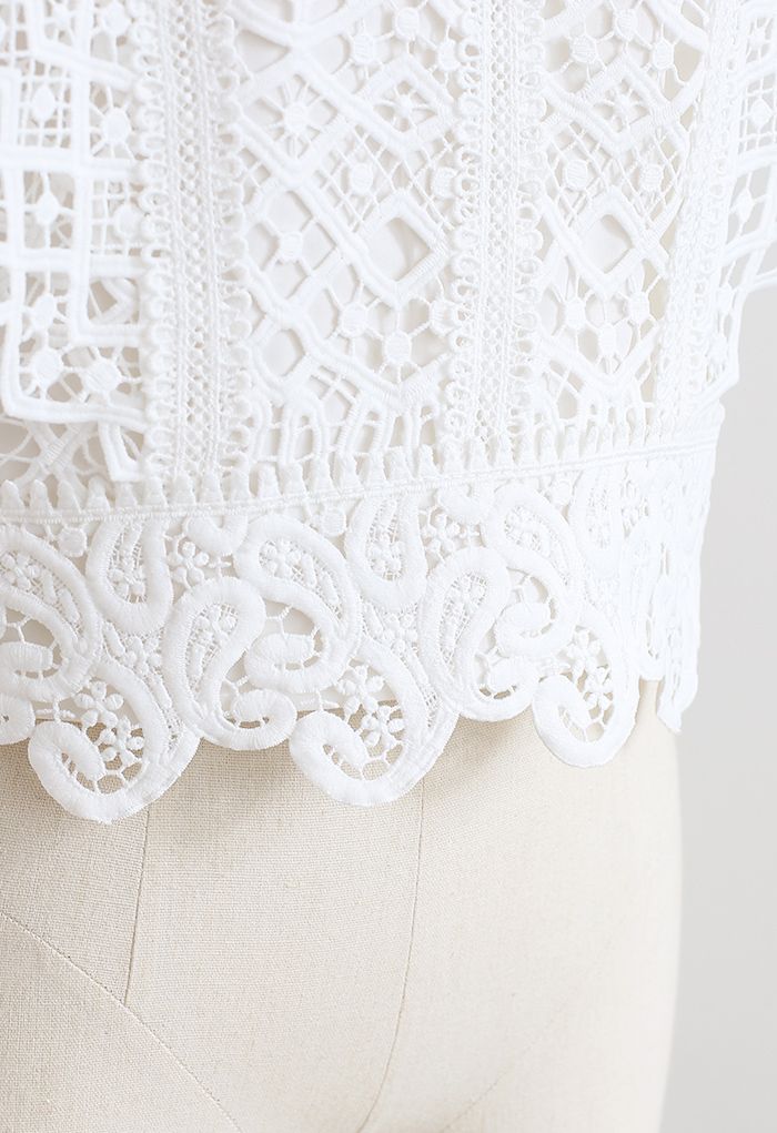 Ruffle Sleeves Full Crochet Crop Top in White
