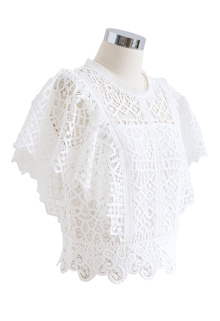 Ruffle Sleeves Full Crochet Crop Top in White
