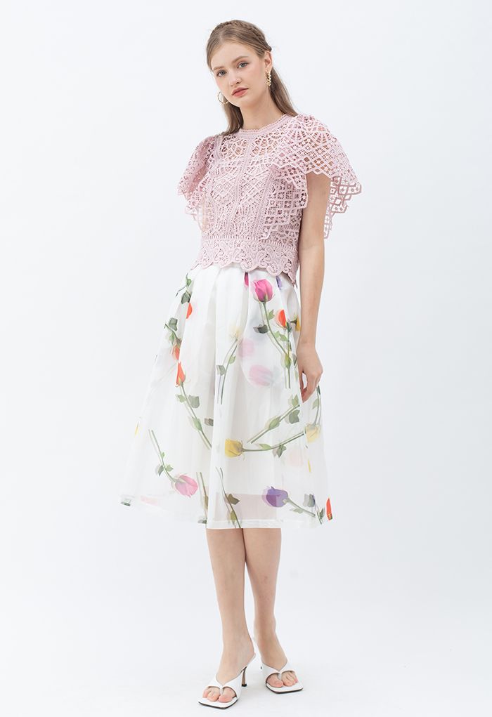 Ruffle Sleeves Full Crochet Crop Top in Dusty Pink