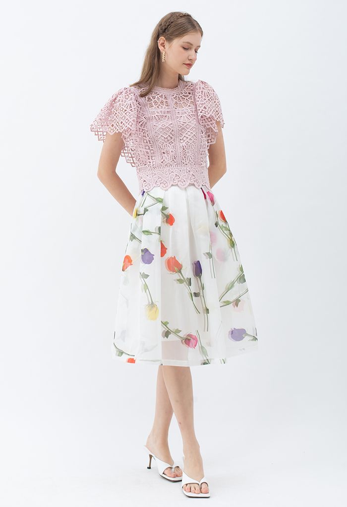 Ruffle Sleeves Full Crochet Crop Top in Dusty Pink