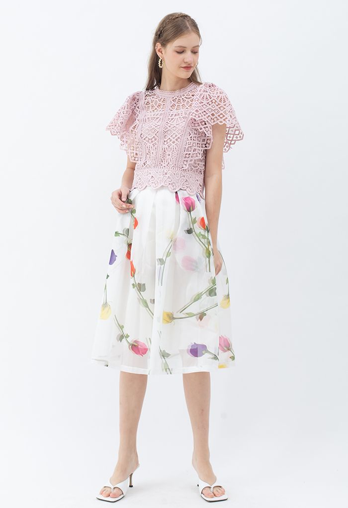 Ruffle Sleeves Full Crochet Crop Top in Dusty Pink