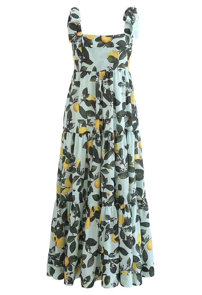 Minty Lemon Printed Tie-Strap Maxi Dress