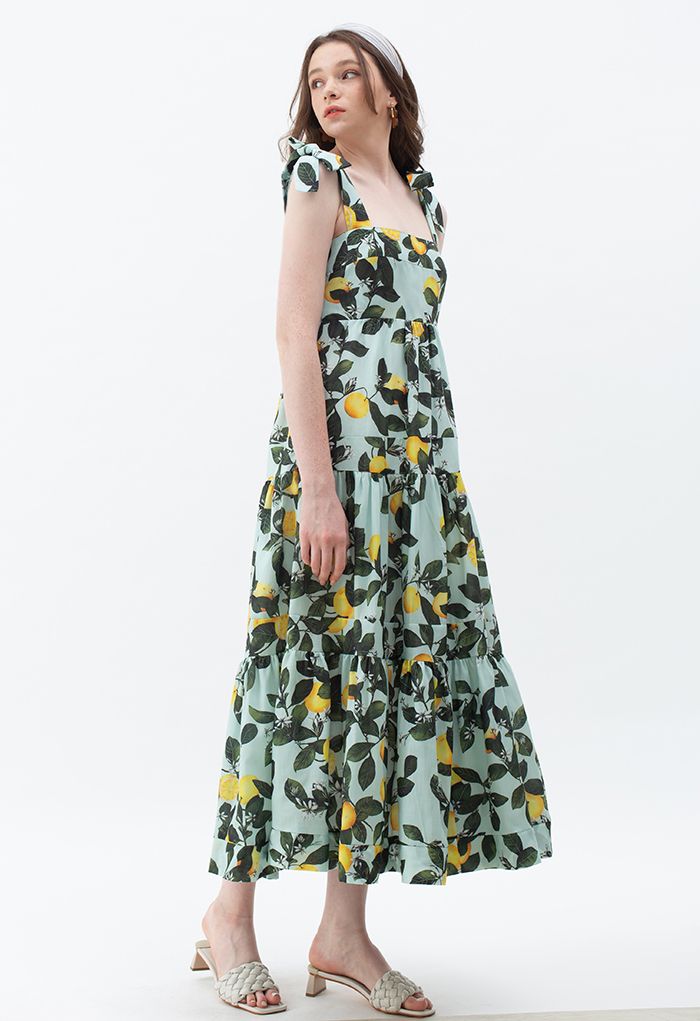 Minty Lemon Printed Tie-Strap Maxi Dress