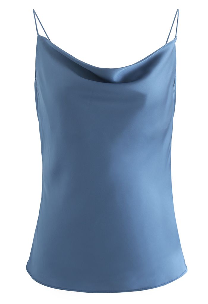 Drape Neck Surplice Back Satin Cami Top in Dusty Blue