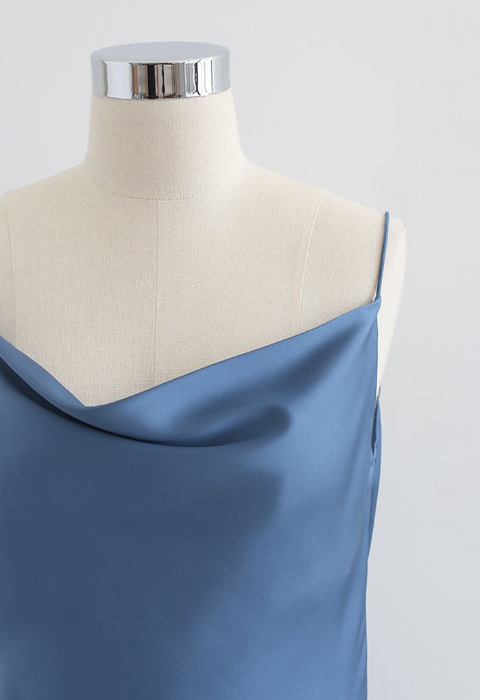 Drape Neck Surplice Back Satin Cami Top in Dusty Blue