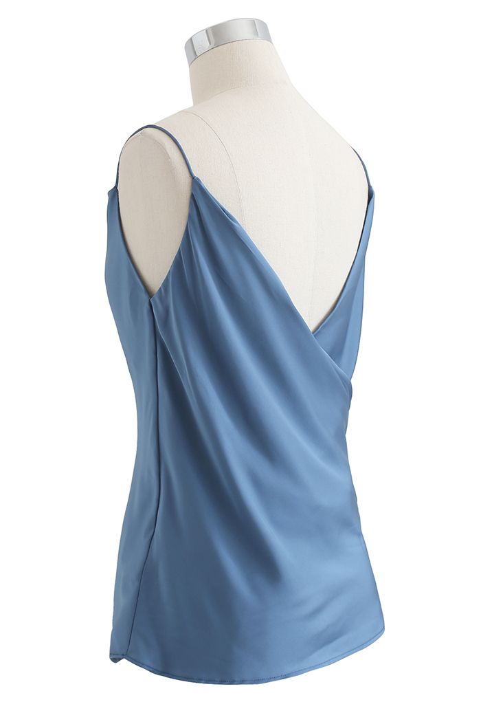 Drape Neck Surplice Back Satin Cami Top in Dusty Blue