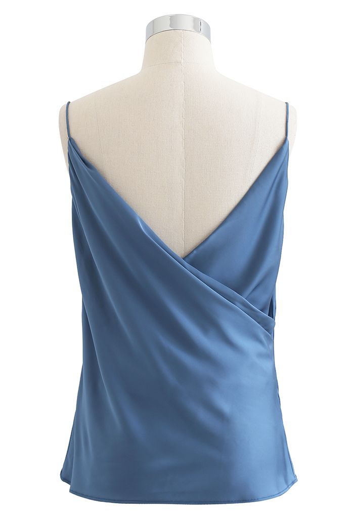 Drape Neck Surplice Back Satin Cami Top in Dusty Blue