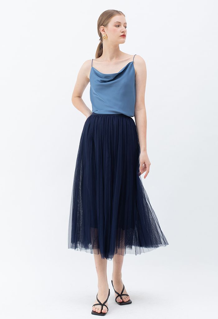 Drape Neck Surplice Back Satin Cami Top in Dusty Blue