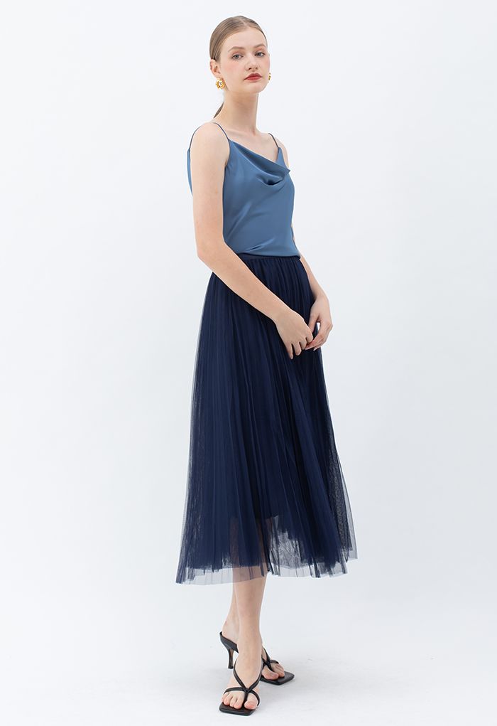 Drape Neck Surplice Back Satin Cami Top in Dusty Blue