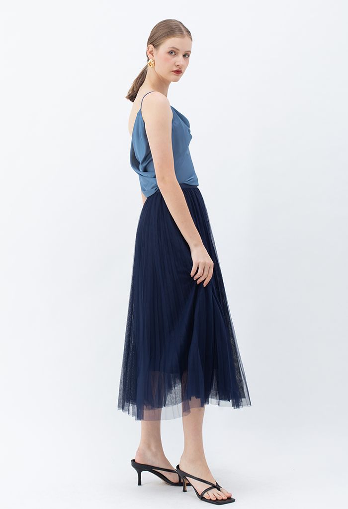 Drape Neck Surplice Back Satin Cami Top in Dusty Blue