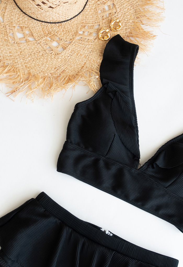 Zippered Back Ruffle Bikini Set in Black