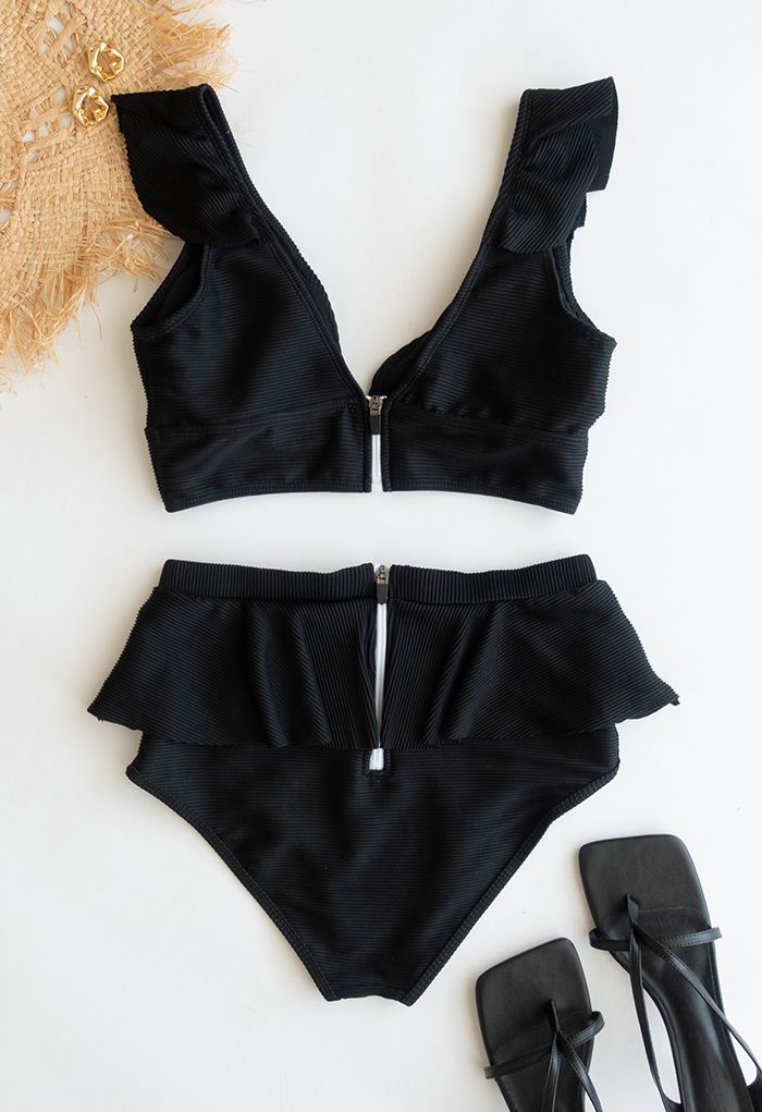 Zippered Back Ruffle Bikini Set in Black