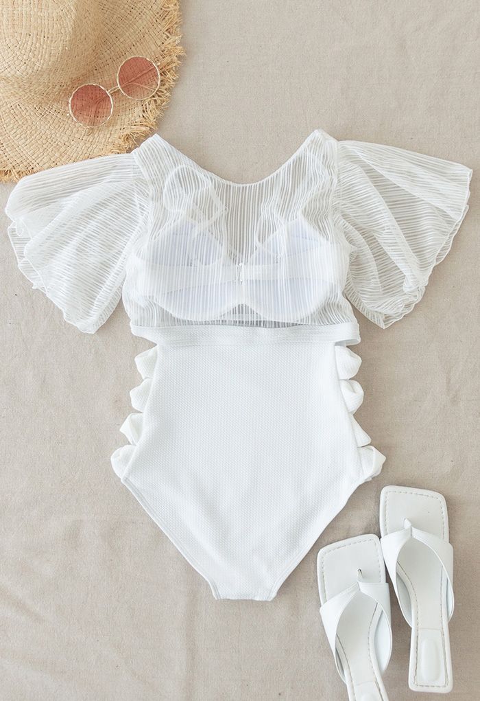 Detachable Bra and Lacy Swimsuit Set in White