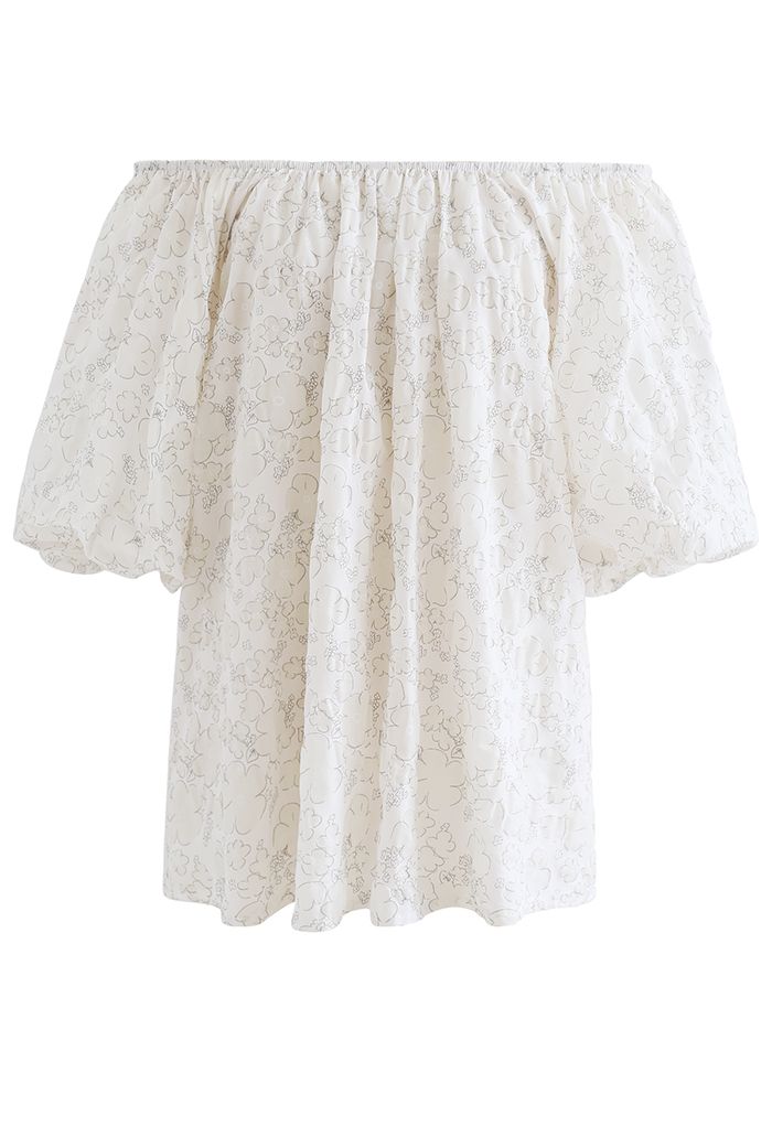 Embossed Floral Puff Sleeve Dolly Top in Ivory