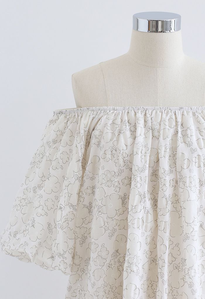 Embossed Floral Puff Sleeve Dolly Top in Ivory