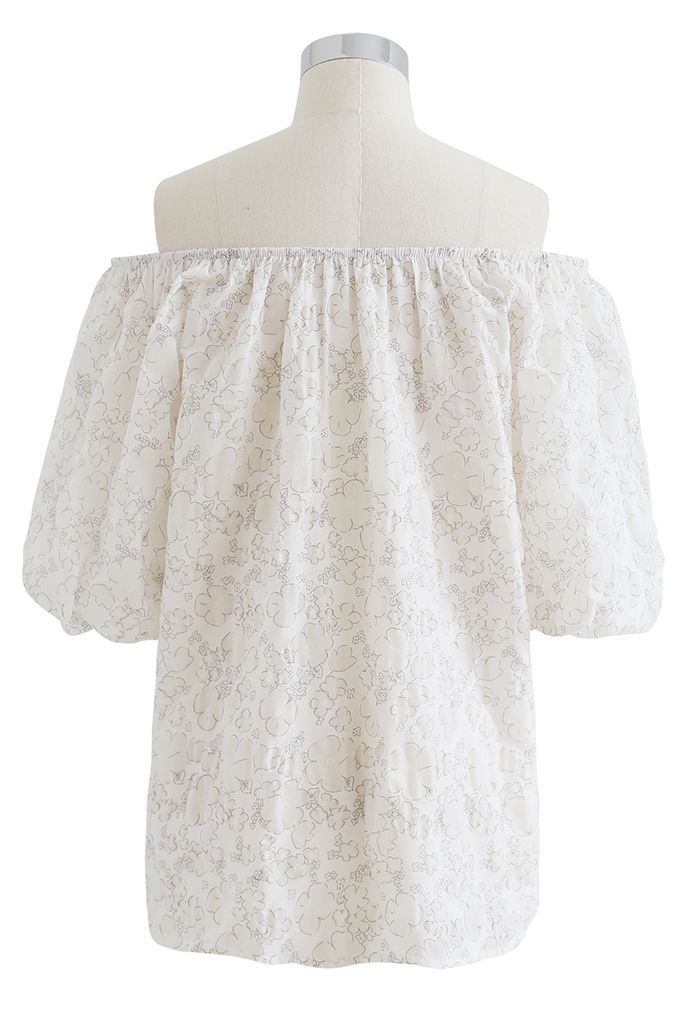 Embossed Floral Puff Sleeve Dolly Top in Ivory