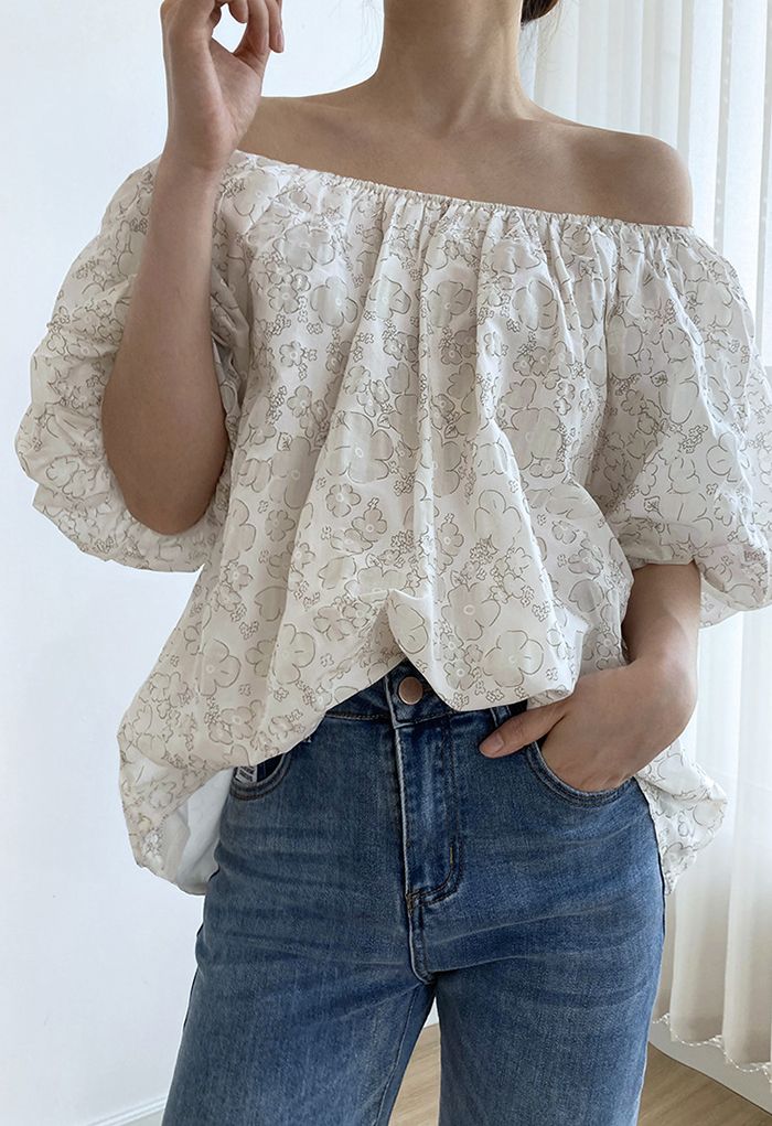 Embossed Floral Puff Sleeve Dolly Top in Ivory