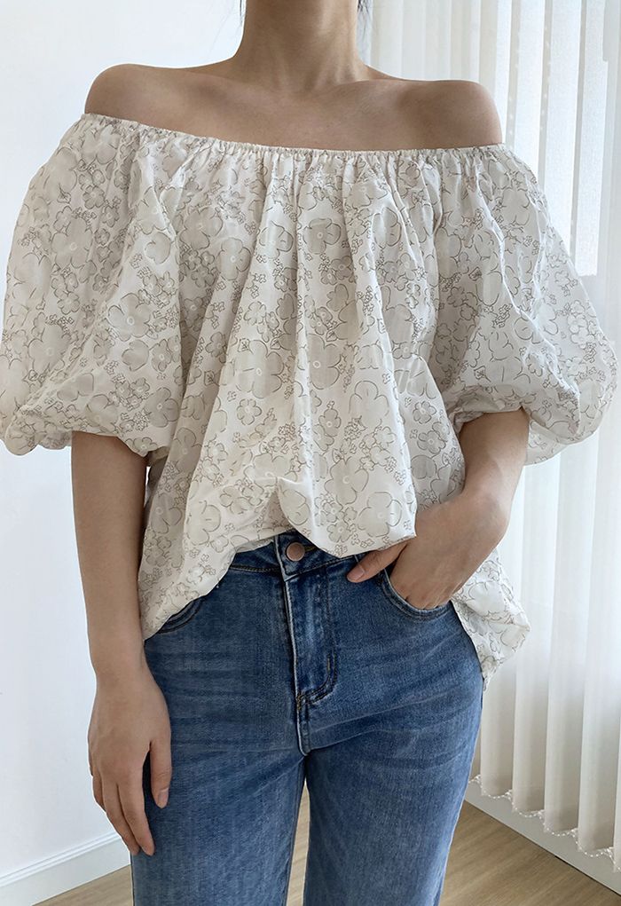 Embossed Floral Puff Sleeve Dolly Top in Ivory