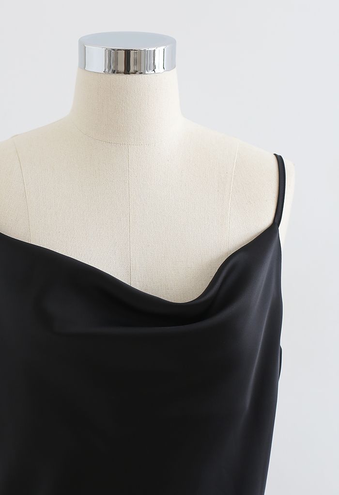 Buttoned Side Split Hem Satin Cami Dress in Black