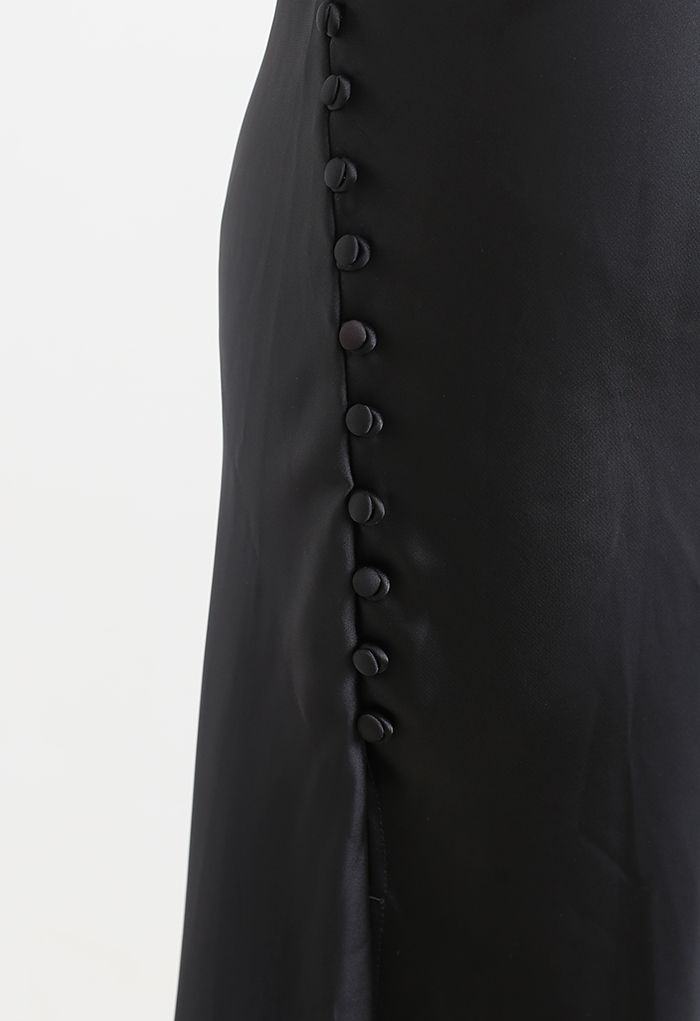 Buttoned Side Split Hem Satin Cami Dress in Black