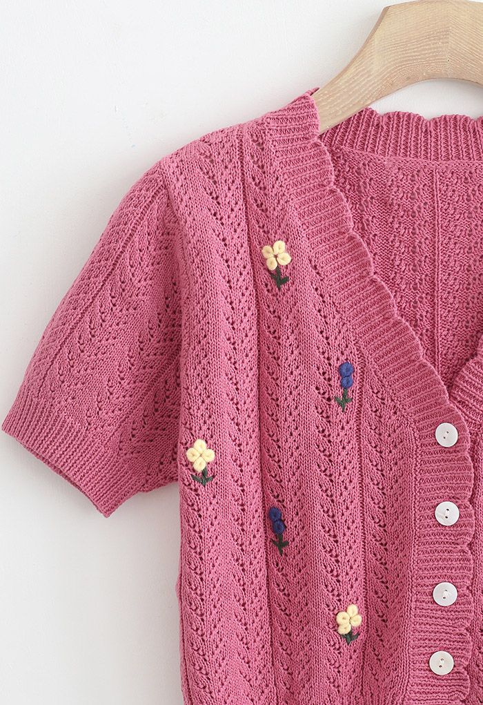 Floweret Button Front Eyelet Crop Cardigan in Rouge Pink
