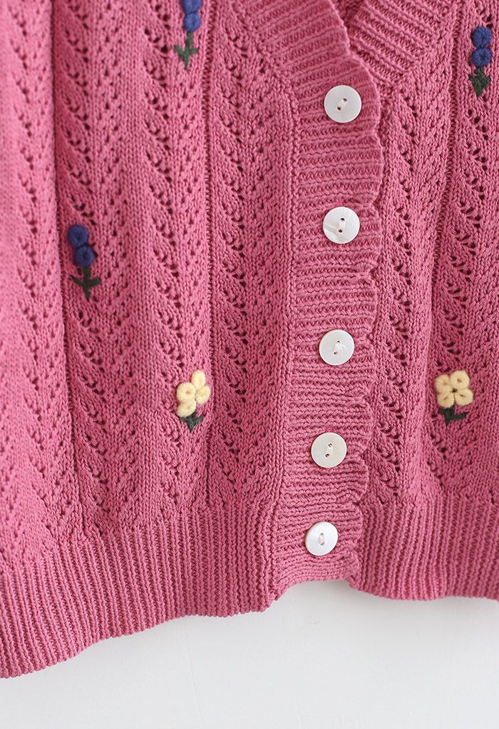 Floweret Button Front Eyelet Crop Cardigan in Rouge Pink